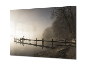 Graphic Art Print on Glass - Beautiful Quality Glass Print Picture SART01C Nature Series: Pier on a foggy lake: sepia