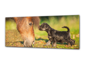 Glass Print Wall Art – Image on Glass 125 x 50 cm (≈ 50” x 20”) ; Horse & Dog