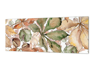 Wide-format tempered glass kitchen wall panel with metal backing - and without: Autumn chestnut leaves