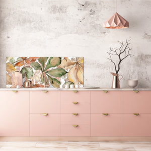 Wide-format tempered glass kitchen wall panel with metal backing - and without: Autumn chestnut leaves