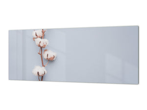 Wide-format tempered glass kitchen wall panel with metal backing - and without:  Cotton flower