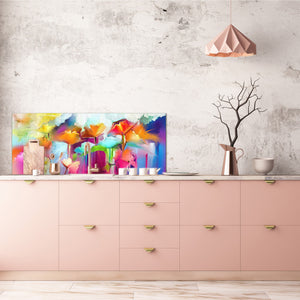 Toughened printed glass backsplash - Wideformat steel coated wall glass splashback:  Oil painting of flowers