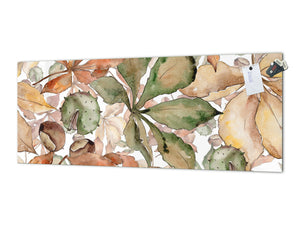 Wide-format tempered glass kitchen wall panel with metal backing - and without: Autumn chestnut leaves